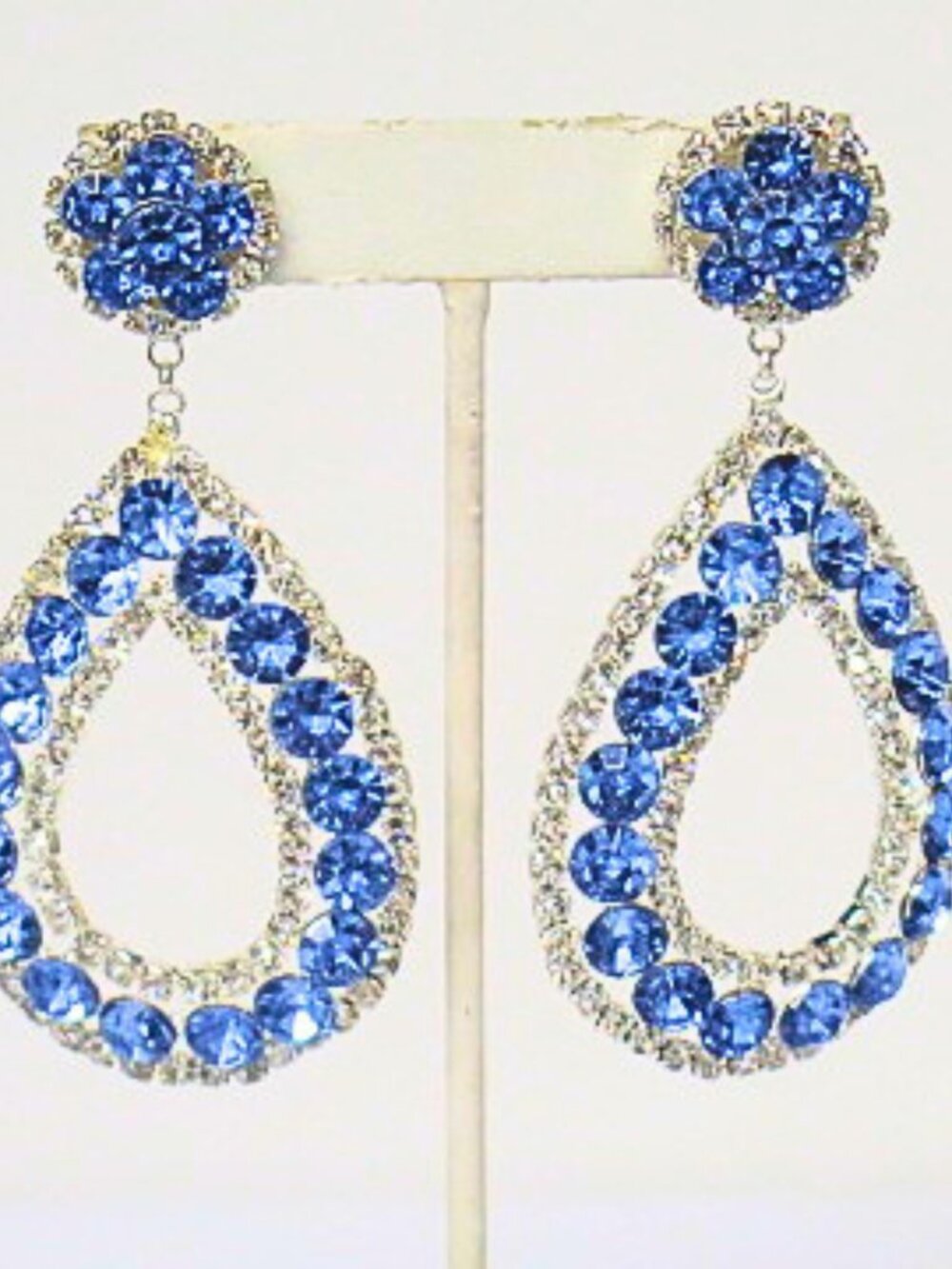 Estate Blue Rhinestone Teardrop Statement Earrings Oversized Party Jewelry - Picture 5 of 6
